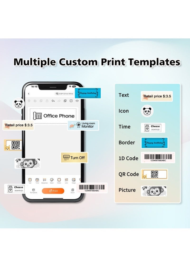 آيين طابعة ملصقات محمولة بتقنية البلوتوث، طابعة ملصقات حرارية صغيرة مطورة مع تطبيق وقوالب جاهزة | عرض طباعة 15 مم لتنظيم المنزل والمطبخ والمكتب | تتضمن لفة واحدة (125 ورقة) من ورق الملصقات الأبيض مقاس 15*40 مم - Image 4